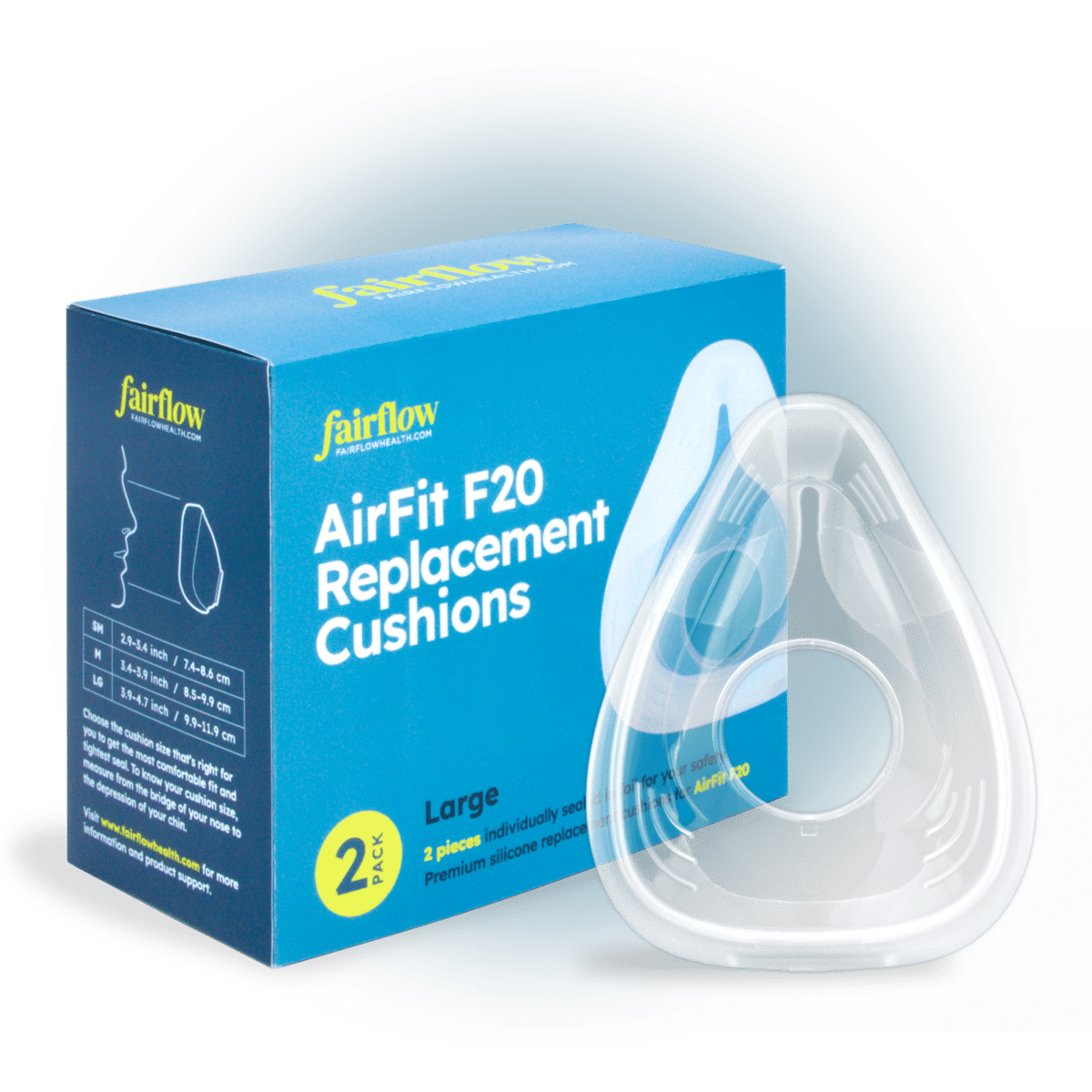 Resmed AirFit F20 premium replacement CPAP cushions 2-pack by Fairflow
